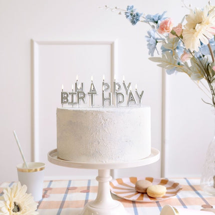 Happy Birthday Kaarsen Zilver 7cm van Partydeco koop je bij Partywinkel