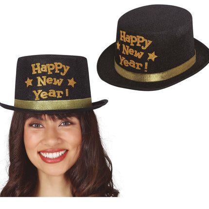 Happy New Year Hoed Zwart Goud van Fiestas Guirca koop je bij Partywinkel