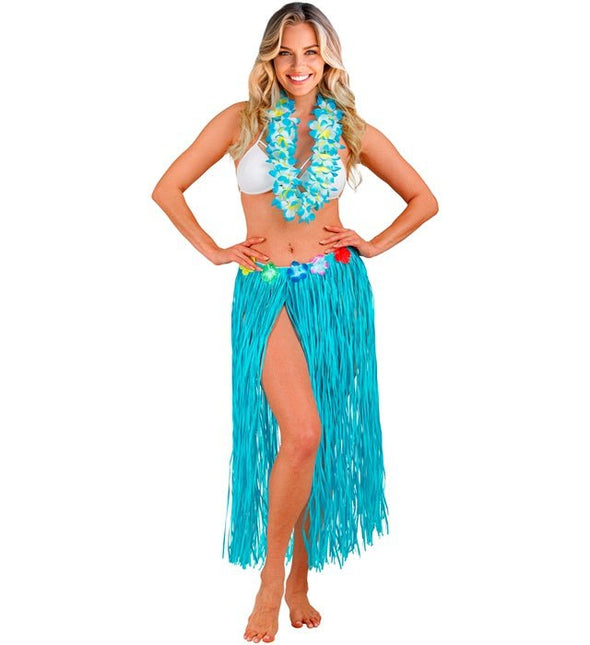 Hawaiirokje Lichtblauw Met Bloemenriem 80cm van Widmann koop je bij Partywinkel