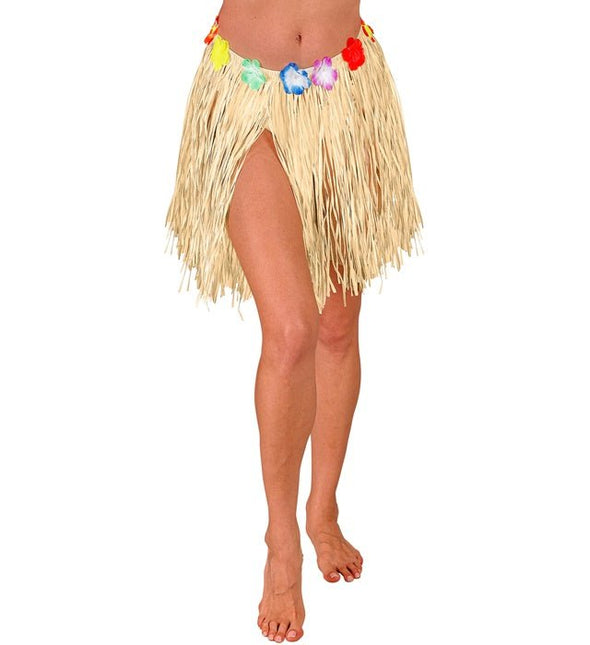 Hawaiirokje Naturel Met Bloemenriem 40cm van Widmann koop je bij Partywinkel