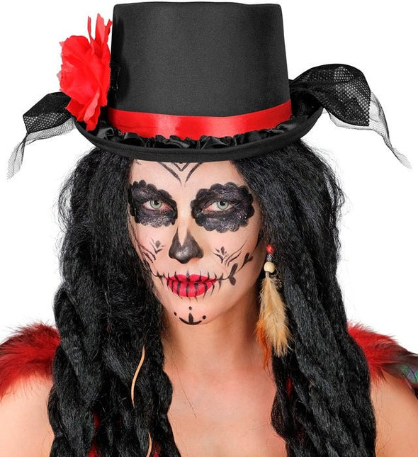 HOGE HOED ZWART MET TULE EN RODE ROOS van Widmann koop je bij Partywinkel