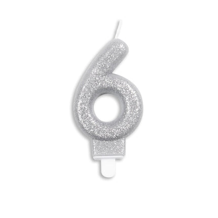 Kaars 6 Jaar Zilver Glitter 7cm van WeFiesta koop je bij Partywinkel