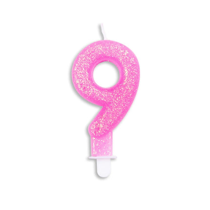 Kaars 9 Jaar Roze Glitter 7cm van WeFiesta koop je bij Partywinkel