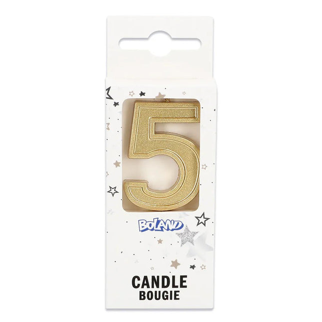Kaarsje Elegant '5' goud op prikker (3 x 4,2 x 0,7 cm) van Boland koop je bij Partywinkel