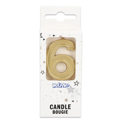 Kaarsje Elegant '6' goud op prikker (3 x 4,2 x 0,7 cm) van Boland koop je bij Partywinkel