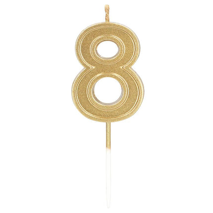 Kaarsje Elegant '8' goud op prikker (3 x 4,2 x 0,7 cm) van Boland koop je bij Partywinkel