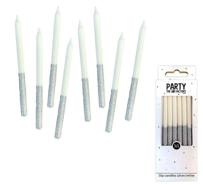 Kaarsjes Glitter Dip Wit Zilver 8cm 16st van Haza Witbaard koop je bij Partywinkel