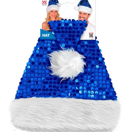 KERSTMAN MUTS PLUCHE EN PAILLETTEN BLAUW van Widmann koop je bij Partywinkel