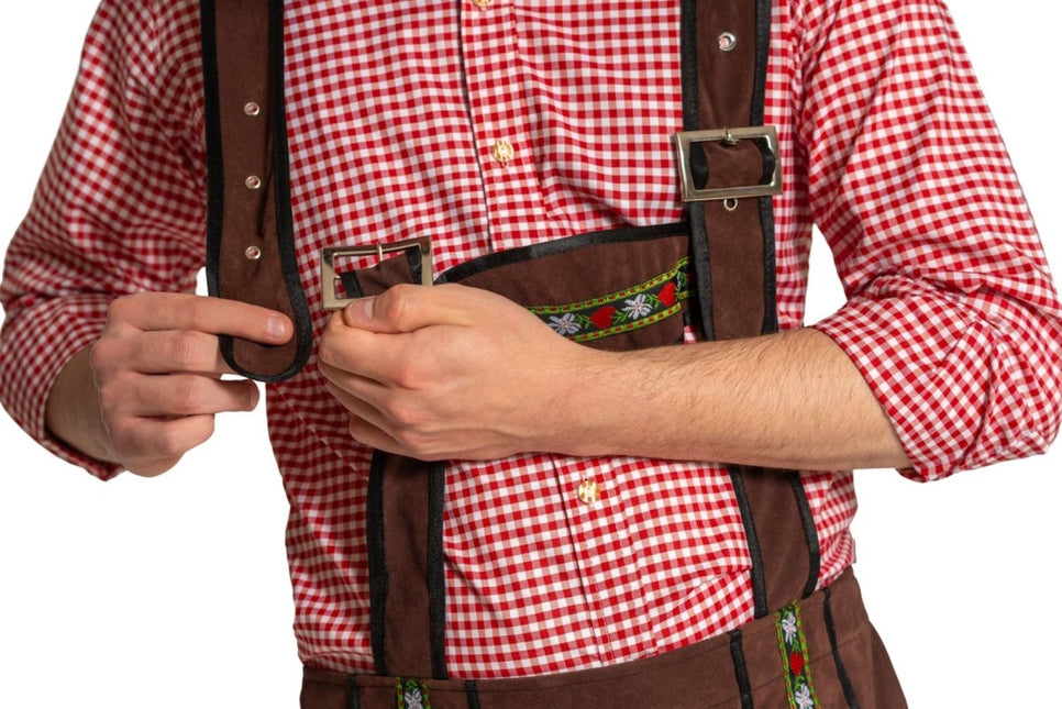 Lederhose Johann met Verstelbare Bretels Donkerbruin Lang van Partychimp koop je bij Partywinkel