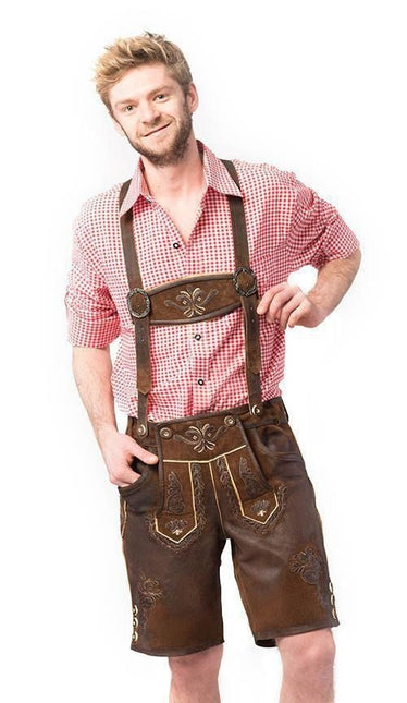 Lederhose Leer Kort Donkerbruin Gestikt en Bretels van Tannhauser koop je bij Partywinkel