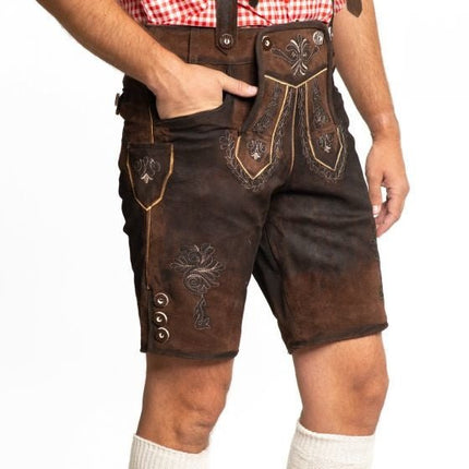 Lederhose Leer Kort Donkerbruin Gestikt en Bretels van Tannhauser koop je bij Partywinkel