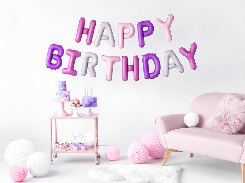 Letterballon Set Happy Birthday Paars Mix Leeg 3,4m van Partydeco koop je bij Partywinkel