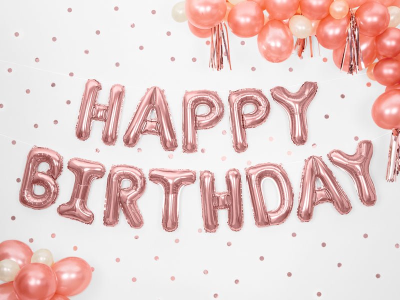 Letterballon Set Happy Birthday Rose Goud Leeg 3,4m van Partydeco koop je bij Partywinkel