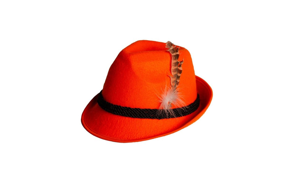Oranje Hoed Tirol Met Veer van Partychimp koop je bij Partywinkel