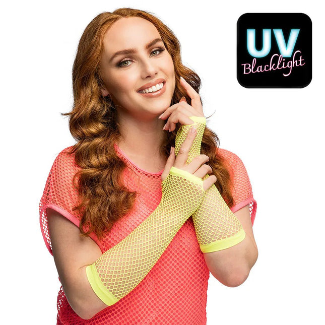 Paar handschoenen eleboog Mesh neongeel van Boland koop je bij Partywinkel