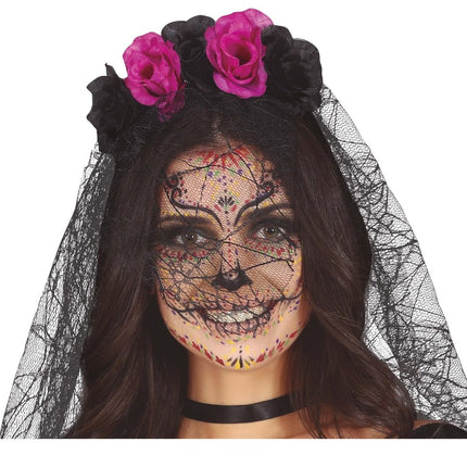 Paars Zwarte Haarband Met Sluier van Fiestas Guirca koop je bij Partywinkel