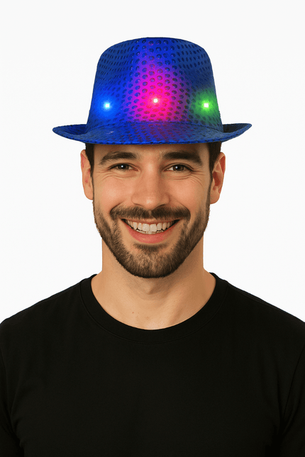 Pailletten Hoedje Blauw met Licht incl Batterijen van Partychimp koop je bij Partywinkel