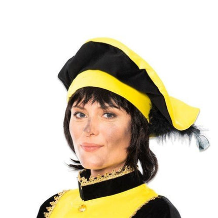 Pietenbaret Fluweel Met Veer Geel/Zwart van Haza Witbaard koop je bij Partywinkel