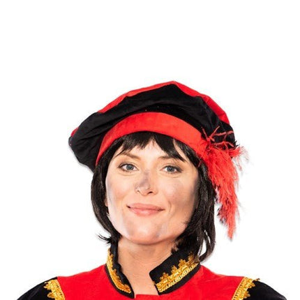 Pietenbaret Fluweel Met Veer Rood/Zwart van Haza Witbaard koop je bij Partywinkel
