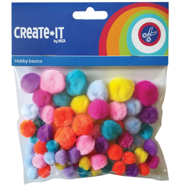 Pompoms Bright Gekleurd 75st van Haza Witbaard koop je bij Partywinkel