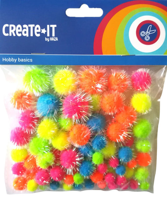 Pompoms Glitter Neon Mix 75st van Haza Witbaard koop je bij Partywinkel