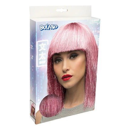 Pruik Crazy roze (zilver tinsel) van Boland koop je bij Partywinkel