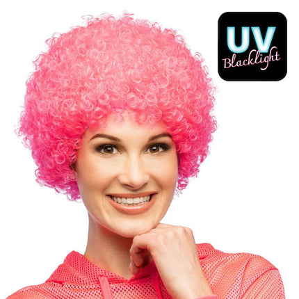 Pruik Curly neonroze UV van Boland koop je bij Partywinkel