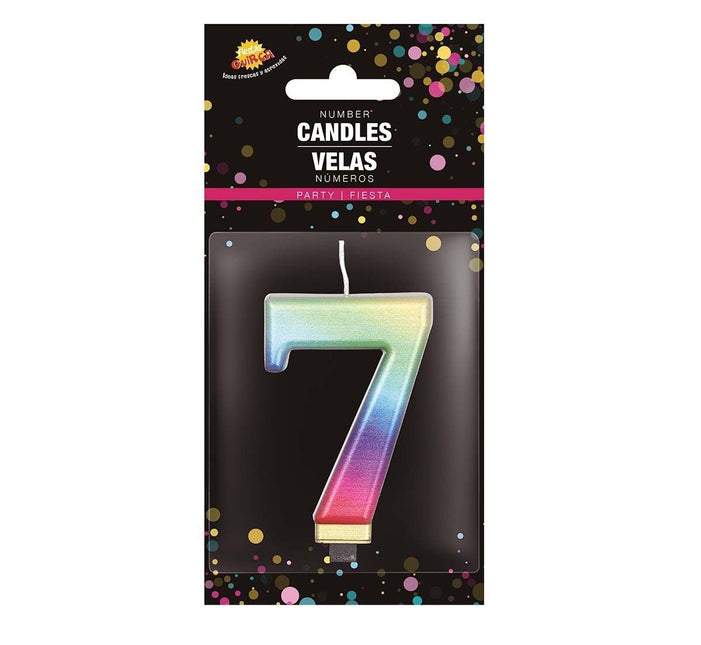 Regenboog Kaars 7 Jaar Metallic 8cm van Fiestas Guirca koop je bij Partywinkel
