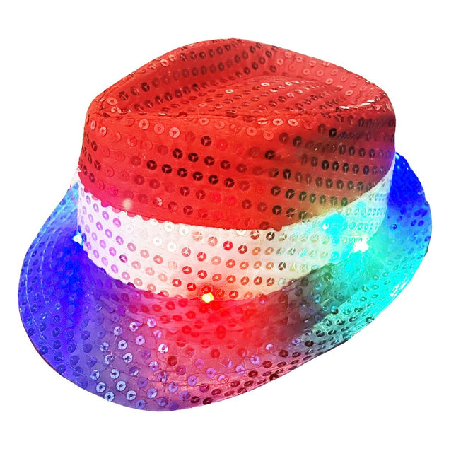 Rood Wit Blauwe Hoed Pailletten Met Licht van Partychimp koop je bij Partywinkel