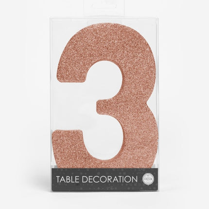 Rose Goud Tafeldecoratie Cijfer 3 Glitter 20,5cm van WeFiesta koop je bij Partywinkel
