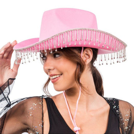 Roze Cowboyhoed met Hangende Strass One Size van CHAKS koop je bij Partywinkel