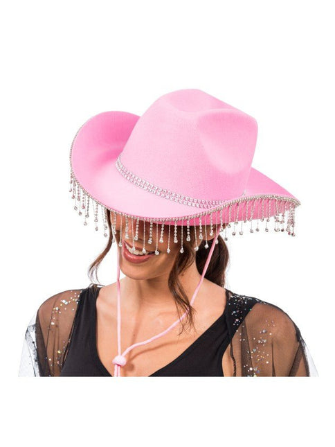 Roze Cowboyhoed met Hangende Strass One Size van CHAKS koop je bij Partywinkel