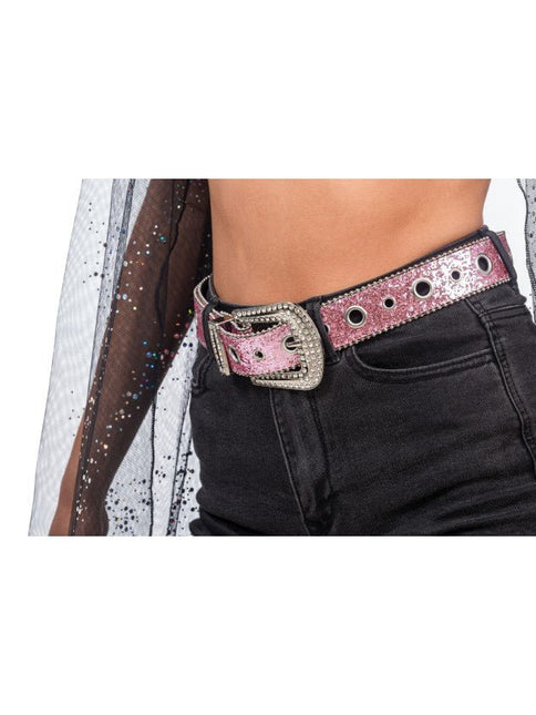 Roze Glitterriem met Strass Western Gesp 112cm van CHAKS koop je bij Partywinkel