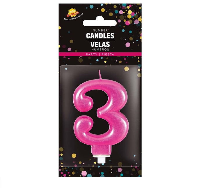 Roze Kaars 3 Jaar Metallic 8cm van Fiestas Guirca koop je bij Partywinkel