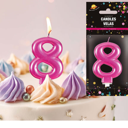 Roze Kaars 8 Jaar Metallic 8cm van Fiestas Guirca koop je bij Partywinkel