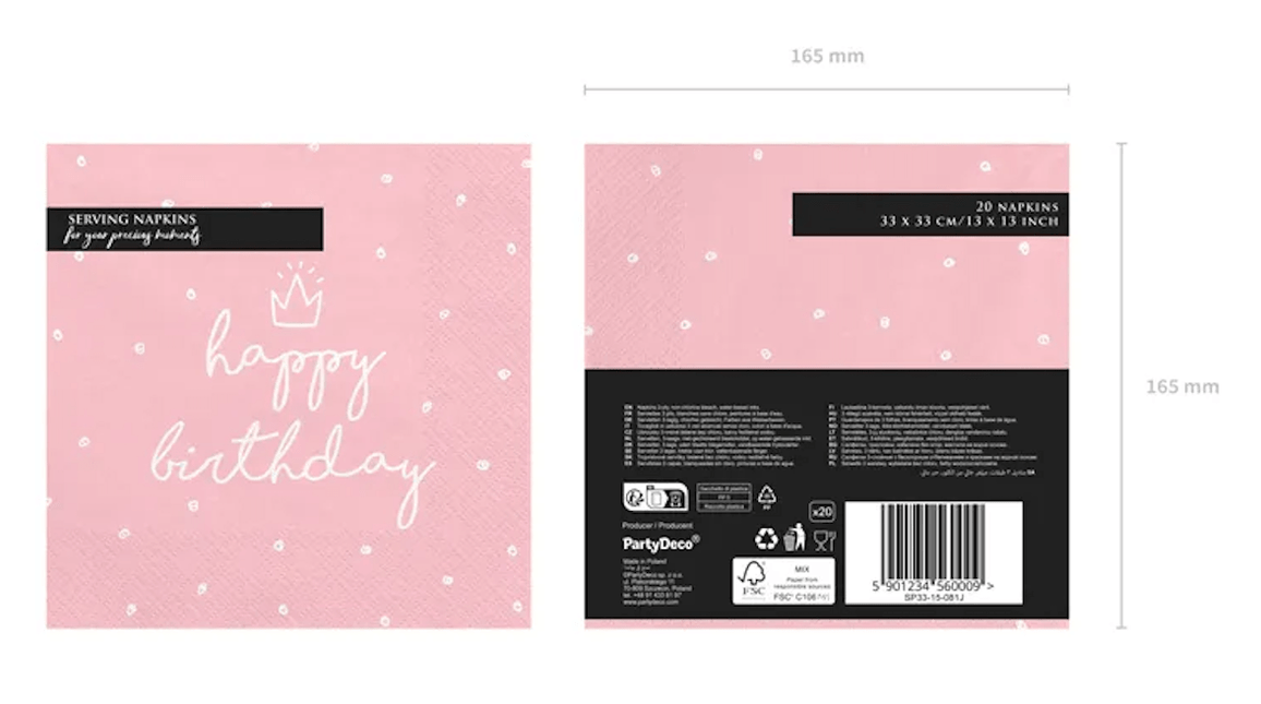 Servetten Happy Birthday Roze 33cm 20st van Partydeco koop je bij Partywinkel