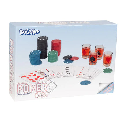 Set drankspel drinking poker (120 poker chips, 1 set spelkaarten, 4 glazen shotglaasjes) van Boland koop je bij Partywinkel