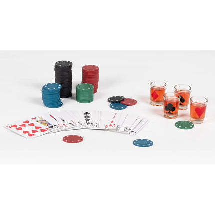 Set drankspel drinking poker (120 poker chips, 1 set spelkaarten, 4 glazen shotglaasjes) van Boland koop je bij Partywinkel