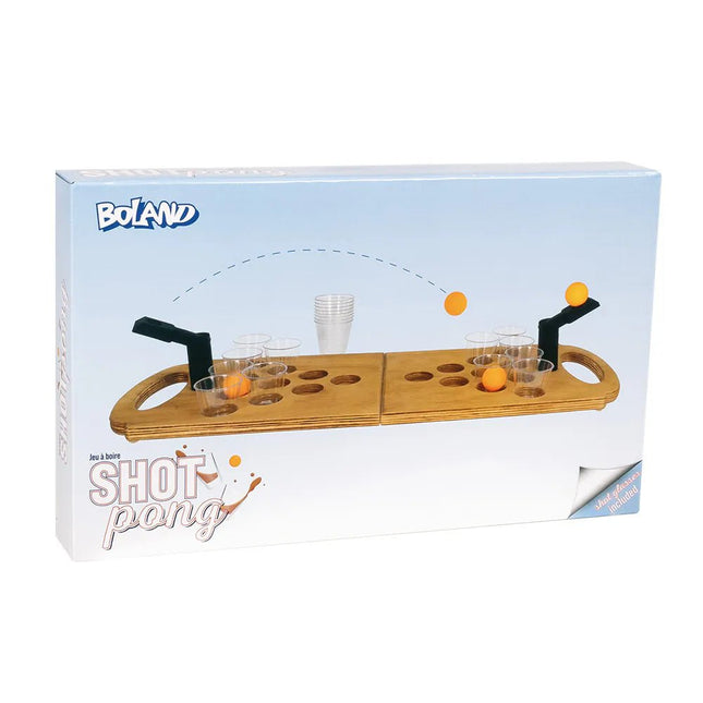 Set drankspel Shot pong (opvouwbaar houten spelbord, 2 shooters, 4 balletjes, 12 shotglaasjes) van Boland koop je bij Partywinkel