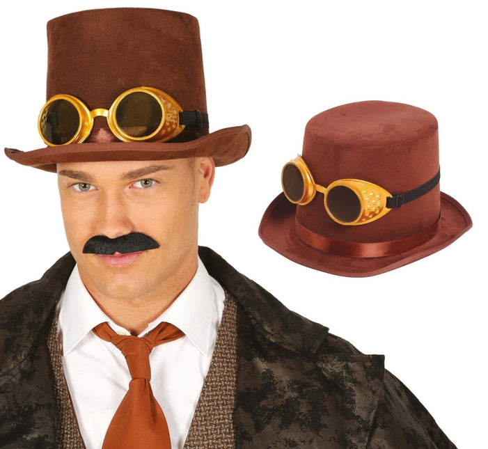 Steampunk Hoed Bruin Met Bril van Fiestas Guirca koop je bij Partywinkel