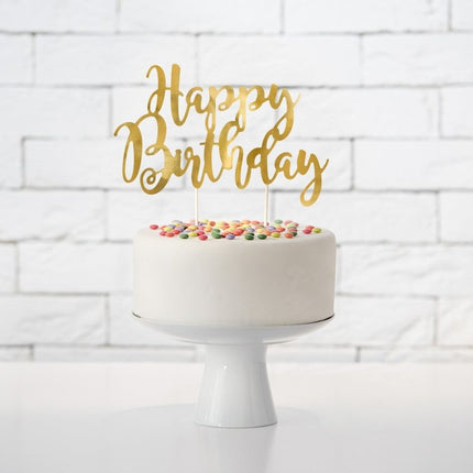 Taarttopper Happy Birthday Goud 22,5cm van Partydeco koop je bij Partywinkel