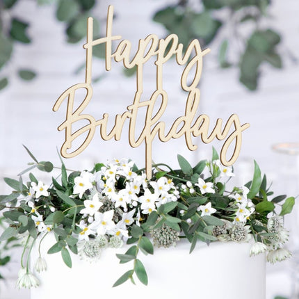 Taarttopper Happy Birthday Hout 16,5cm van Partydeco koop je bij Partywinkel