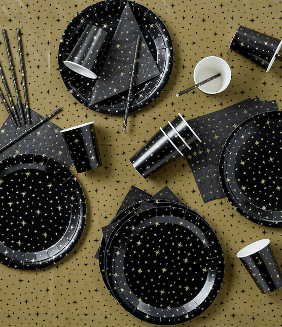 Tafelkleed Zwarte Sterren Goud 2,74m van Paper Dreams koop je bij Partywinkel