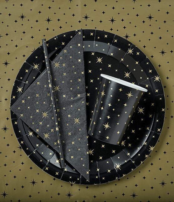 Tafelkleed Zwarte Sterren Goud 2,74m van Paper Dreams koop je bij Partywinkel