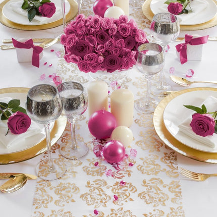 Witte Organza Stof Gouden en Zilveren Koningsbloem print 36cm 9m van Partydeco koop je bij Partywinkel