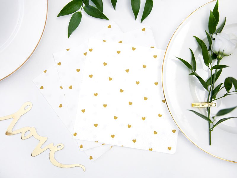 Witte Servetten Gouden Hartjes 33cm 20st van Partydeco koop je bij Partywinkel