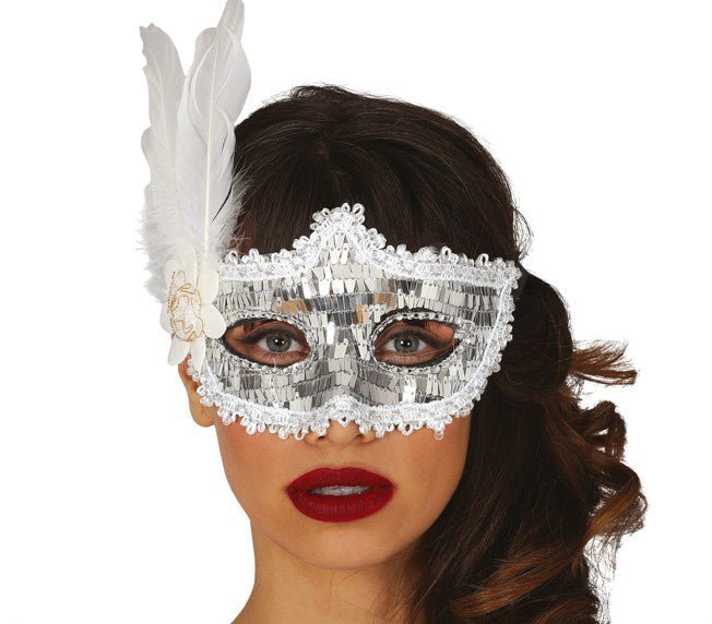 Zilver Masker Veren van Fiestas Guirca koop je bij Partywinkel