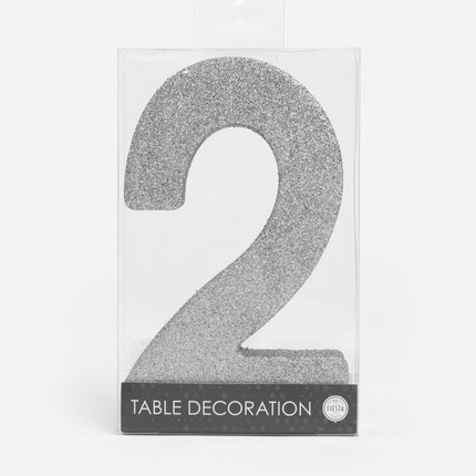 Zilver Tafeldecoratie Cijfer 2 Glitter 20,5cm van WeFiesta koop je bij Partywinkel