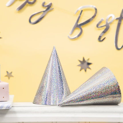 Zilveren Feesthoedjes Holografisch 16cm 6st van Partydeco koop je bij Partywinkel