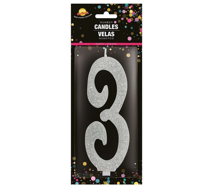 Zilveren Kaars 3 Jaar Glitter 12,5cm van Fiestas Guirca koop je bij Partywinkel